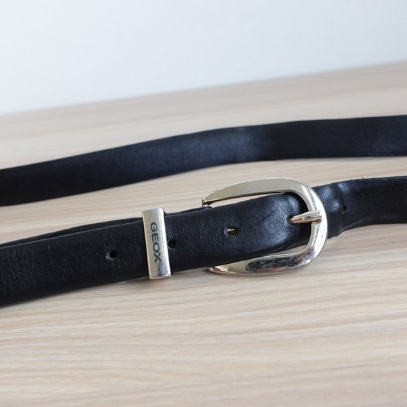 Geox Belt Mens Black Leather Buckle 38 Solid Dress Casual Metal Formal Italy